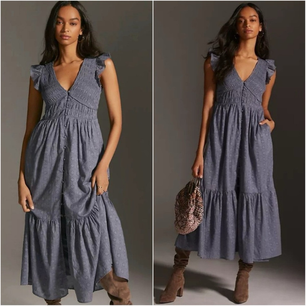Anthropologie The Peregrine Midi Dress V-Neck Smocked Bidice Size Small Blue